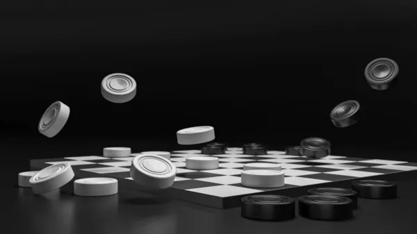 Siyah beyaz dama, yarışma, maç maçı. Çocuk daması kulübünün reklam afişi. 3d resimleme