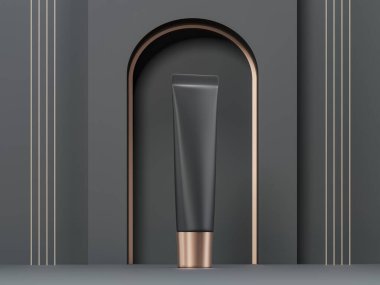 Moisturizing cream, mask, gel in jar, tube. Cosmetic set Gift, Anniversary Present. Dark black background for ad brand products. March 8, Valentine's Day Sale, Discounts. 3d render illustration