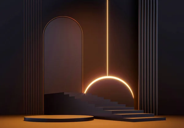 Koyu mat kaidesi, podyum, dur ve aydınlat. Markalı ürünler ve mallar için sergi alanı. Lüks kraliyet reklamları için ışıltılı dekor. 3 boyutlu resimleme. Duş kozmetik reklam modeli
