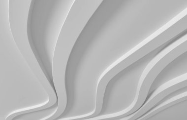 Mimari soyut kompozisyon. 3d render beyaz arkaplan. Dalgalı düz çizgiler, reklam ürünleri için kaideler. Boş alana sahip eğri adımlar