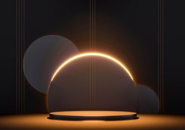 Koyu mat kaidesi, podyum, dur ve aydınlat. Markalı ürünler ve mallar için sergi alanı. Lüks kraliyet reklamları için ışıltılı dekor. 3 boyutlu resimleme. Duş kozmetik reklam modeli