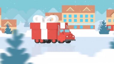 Şehir yolundaki kamyonda Noel hediyesi paketi teslimatı. Düz dizayn animasyonu döngüsü