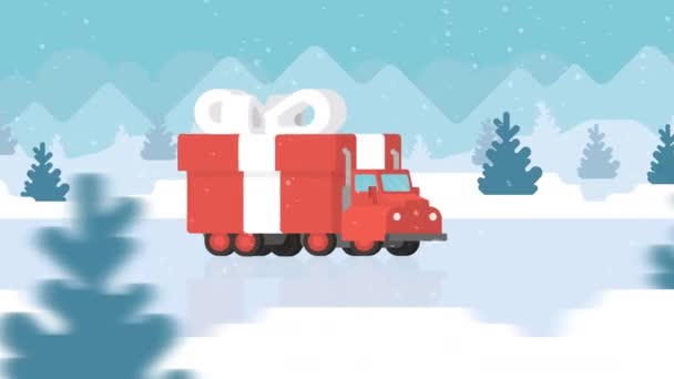 크리스마스 선물 상자를 트럭 눈 도로에 배달하는 거야. 느슨 한 평평 한 디자인 2d 애니메이션 — 비디오