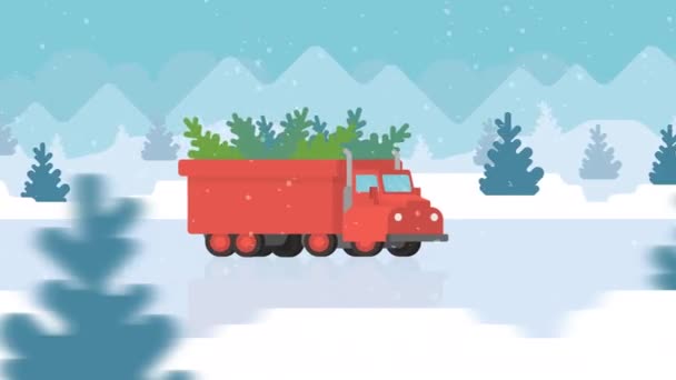 Доставка ялинки на вантажівку - снігова дорога. Цикл плоский дизайн 2d Анімація — стокове відео