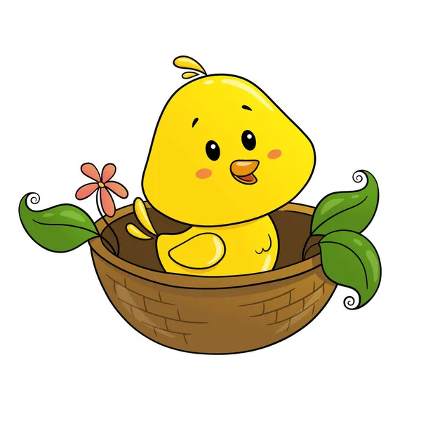 Ένα Χαριτωμένο Μικρό Κίτρινο Χαρακτήρα Γκόμενα Κάθεται Μια Φωλιά Πράσινα — Διανυσματικό Αρχείο