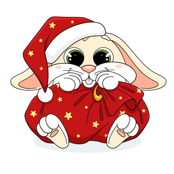 Cute Cartoon Bunny Santa Claus Hat Big Red Bag Gifts — Stock Vector