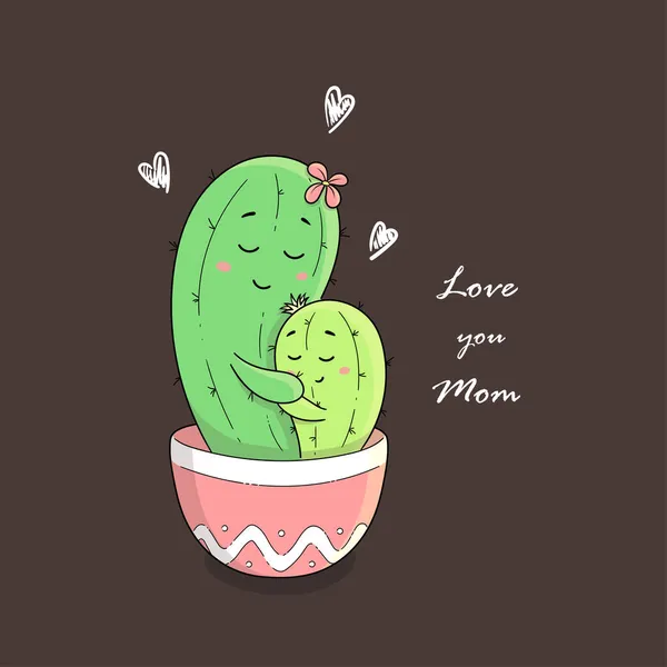 Leuke Stripfiguren Cactussen Moeder Baby Een Pot Knuffel Moederdag Liefde — Stockvector