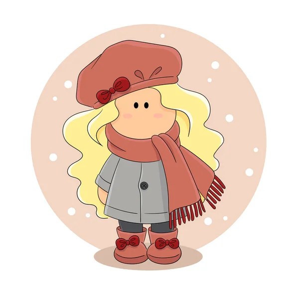 Sonbahar ceketli, şapkalı ve atkılı şirin tekstil bebeği. Dikilmiş oyuncak. Koleksiyon bebeği. Oyuncak bebek. Vektör çocukların çizimi zanaatkar kadınların, kartvizitlerin, etiketlerin, kutu tasarımlarının, boyama kitaplarının ve daha fazlasının avatarı için mükemmeldir.