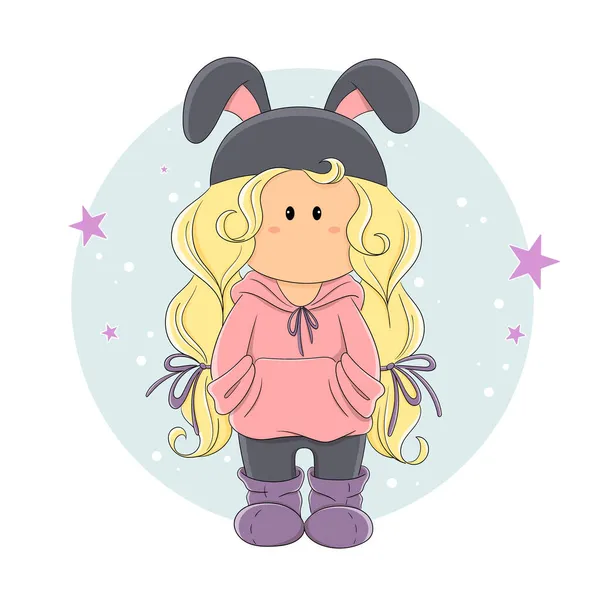 Tavşan kulaklı, kapüşonlu, pijamalı ve terlikli uzun örgülü şirin bir sarışın. Dikilmiş oyuncak. Koleksiyon bebeği. Oyuncak bebek. Vektör çocukların illüstrasyonu