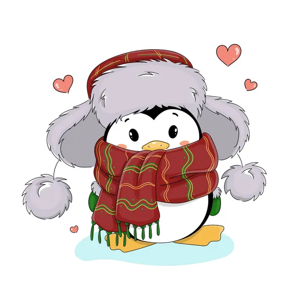 Милый Мультяшный Пингвин Зимней Пушистой Шляпе Шарфе Рисунком Белом Фоне — стоковый вектор