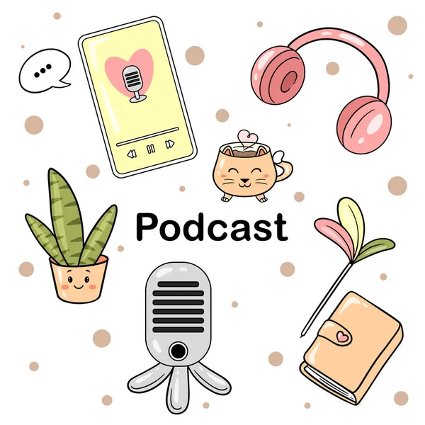 Podcast. Podcaster için bir dizi tasarım elemanı. Ev stüdyonuzda ya da ofisinizde ses podcast 'i için ekipman. Ayrı nesneler. Vektör illüstrasyonu.