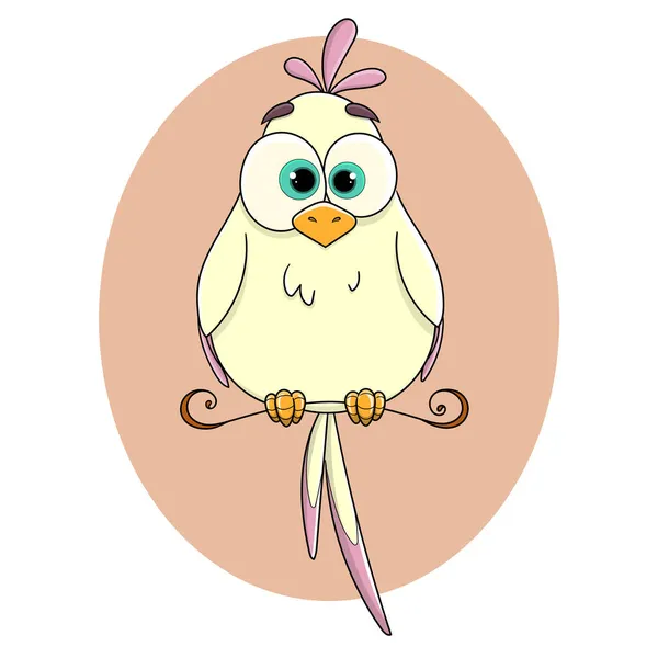 Tüylü ve mor kanatlı şirin beyaz papağan. Papağan. Küçük tombul bir kuş. Kuş antik bir tünekte oturuyor. Evcil hayvan. Vahşi bir kuş. Komik çocuk karakteri. Vektör.