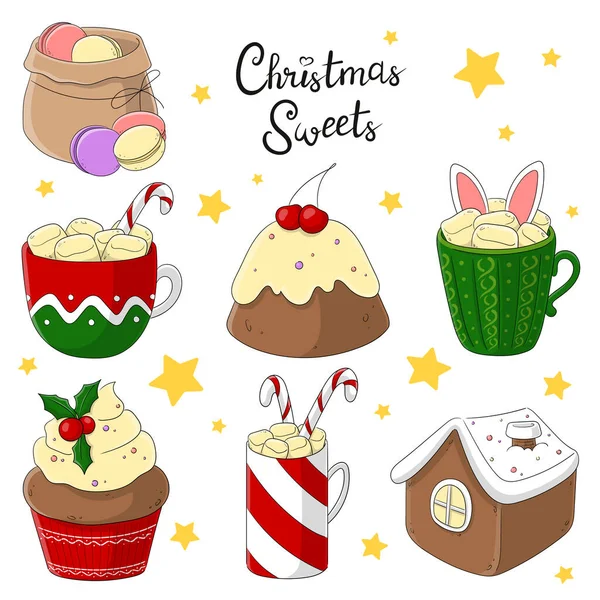 Bir dizi Noel şekeri. Puding, zencefilli kurabiye evi, kremalı pasta, kiraz ve reçel, bir paket makarna. Şekerlemeli, lolipoplu ve tavşan kulaklı üç şenlikli kupa tasarımı. Yeni yıl. Vektör illüstrasyonu