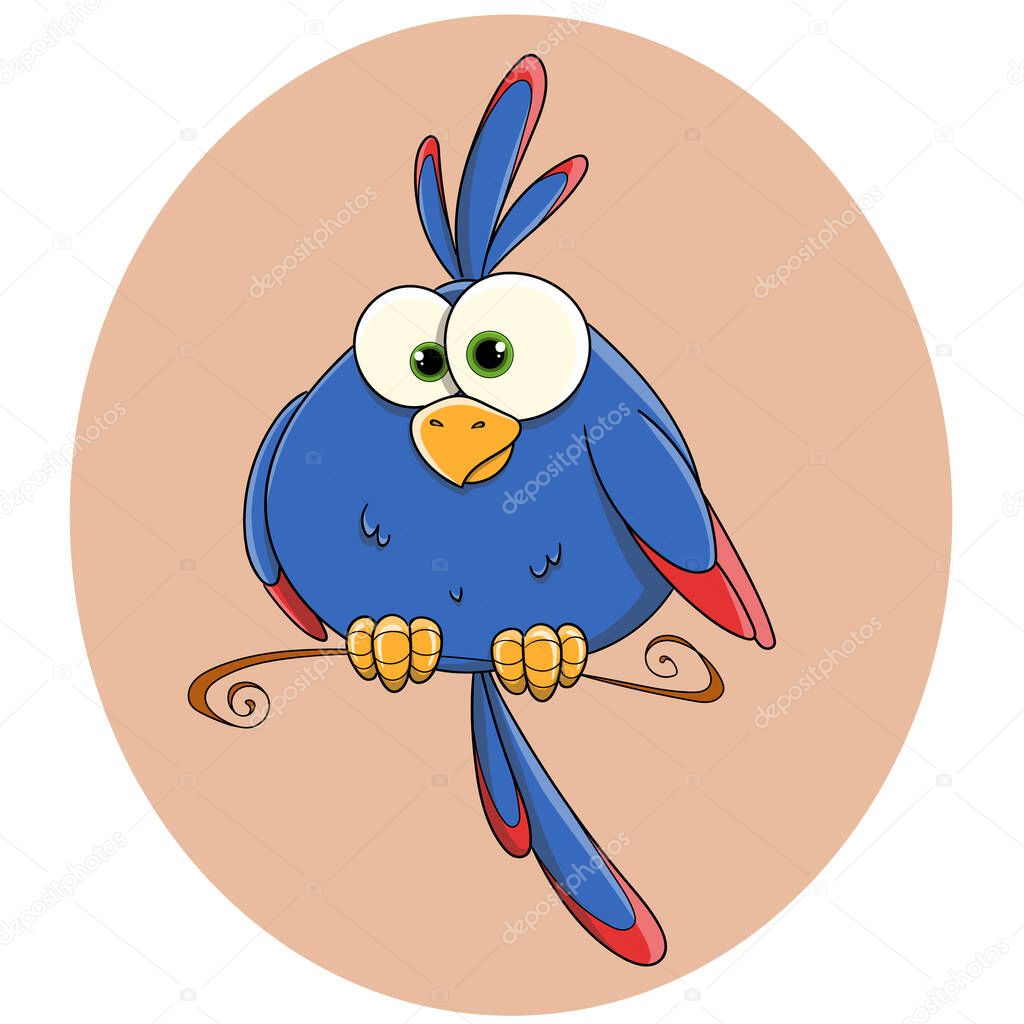 Cute cartoon blue parrot with a tuft and red wings. Macaw parrot. A plump little bird. The bird sits on a vintage perch. A pet. Wild bird. Funny children's character. Vector.