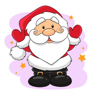 Kırmızı şapkalı beyaz sakallı, ponpon, siyah çizmeli ve kırmızı ceketli Noel Baba çizgi filmi. Noel Baba 'yı. Aziz Niklas. Mutlu yıllar ve Noel. Ho-ho-ho