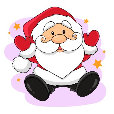 Kırmızı şapkalı beyaz sakallı, ponpon, siyah çizmeli ve kırmızı ceketli Noel Baba çizgi filmi. Noel Baba 'yı. Aziz Niklas. Mutlu yıllar ve Noel. Ho-ho-ho
