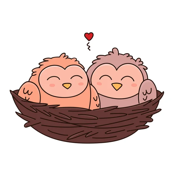 愛のフクロウのペアは 小枝から織られた巣の中に座っている かわいい漫画は心で鳥を描いた あなたのバレンタインデーのデザイン ポストカード パッケージなどの図面のベクトルイラスト — ストックベクタ