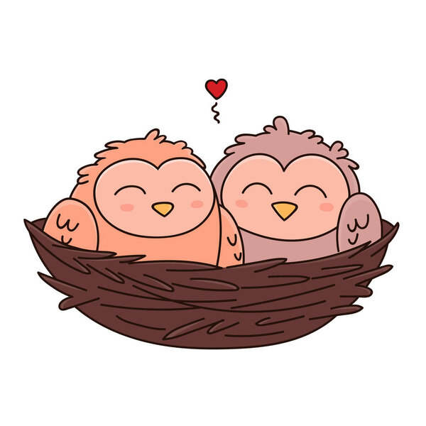 A pair of owls in love is sitting in a nest woven from twigs. Cute cartoon painted birds with a heart. Vector illustration of drawings for your Valentine's Day design, postcards, packages and more