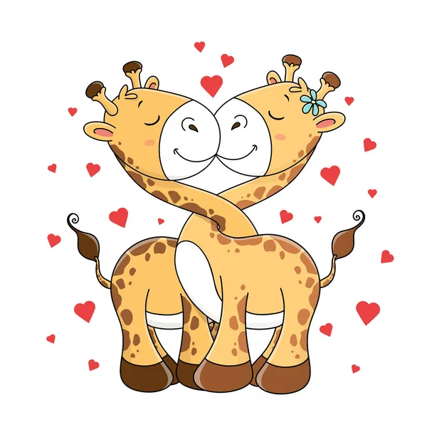 Два Милых Жирафа Целуются Фоне Сердец День Святого Валентина Открытка — стоковый вектор