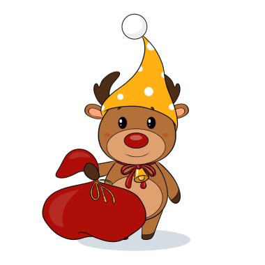 Bir çizgi film karakteri. Noel Baba 'nın Noel geyiği. Kırmızı burunlu bir geyik kızağı ve hediyeli kırmızı bir Noel Baba çantası. Ve bir Elf şapkası.