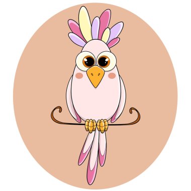 Parlak tüyleri ve tüyü olan sevimli boyalı bir papağan tüneğin üzerinde oturuyor. Tropikal bir kuş. Tüylü bir piliç. Papağan. Evcil hayvan. Vahşi bir kuş. Komik çocuk karakteri. Vektör.