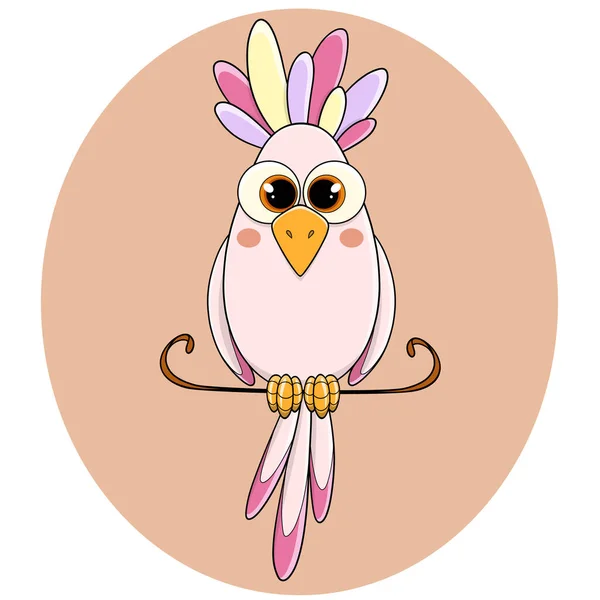 Parlak tüyleri ve tüyü olan sevimli boyalı bir papağan tüneğin üzerinde oturuyor. Tropikal bir kuş. Tüylü bir piliç. Papağan. Evcil hayvan. Vahşi bir kuş. Komik çocuk karakteri. Vektör.