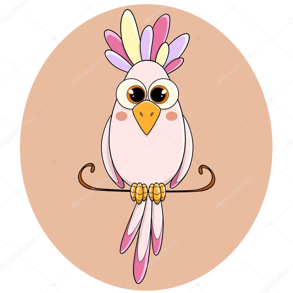 A cute painted parrot with bright feathers and a tuft sits on a perch. A tropical bird. A feathered chick. Macaw parrot. A pet. A wild bird. Funny children's character. Vector.