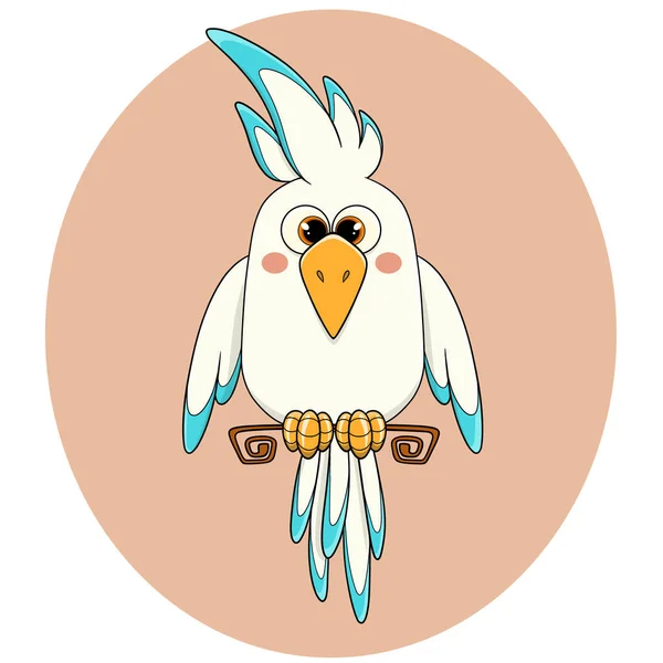 Parlak mavi tüyleri ve tüyü olan beyaz, şirin bir papağan tüneğin üzerinde oturuyor. Tropikal bir kuş. Tüylü bir piliç. Papağan. Evcil hayvan. Vahşi bir kuş. Komik çocuk karakteri. Vektör.