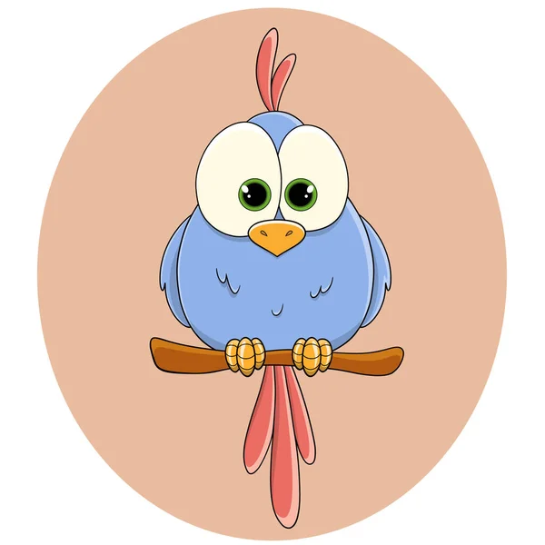 Parlak kırmızı tüyleri ve tüyü olan şirin mavi bir papağan tünekte oturuyor. Tropikal bir kuş. Tüylü bir piliç. Papağan. Evcil hayvan. Vahşi bir kuş. Komik çocuk karakteri. Vektör.