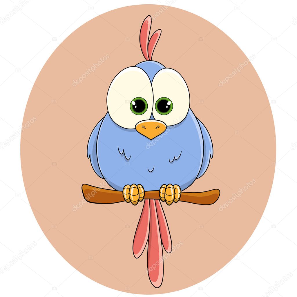 A cute painted blue parrot with bright red feathers and a tuft sits on a perch. A tropical bird. A feathered chick. Macaw parrot. A pet. A wild bird. Funny children's character. Vector.