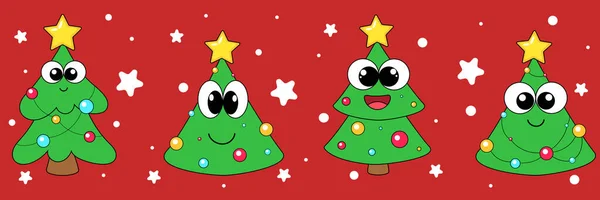 Kırmızı arka planda Noel toplarıyla süslenmiş dört Noel ağacı. Yeni yıl süsü, desen, yamyam, kenar. Sevimli çizgi film karakterleri. Gözleri olan bir Noel ağacı. Mutlu bir yeni yılın ve Noel 'in sembolleri. Vektör