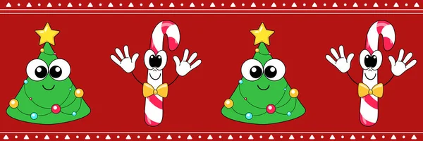 Noel ağacı desenli Noel toplarıyla süslenmiş çelenkler ve kırmızı ve beyaz çizgili karamel Noel lolipopları ve kırmızı arka planda bir kelebek. Yeni yıl süsü, desen, yamyam, kenar. Sevimli çizgi film karakterleri. Vektör.