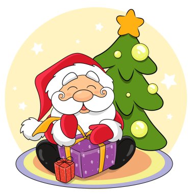 Beyaz sakallı, ponpon şapkalı, siyah çizmeli ve kırmızı ceketli Noel Baba Noel ağacının yanında oturuyor ve hediyeleri açıyor. Noel Baba 'yı. Youlupukki. Aziz Niklas. Mutlu yıllar ve Noel. Vektör çizimi.