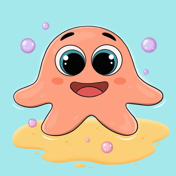 Cute Little Cartoon Octopus Girl Sea Dweller Smiles Cheerfully Dances — ストック写真