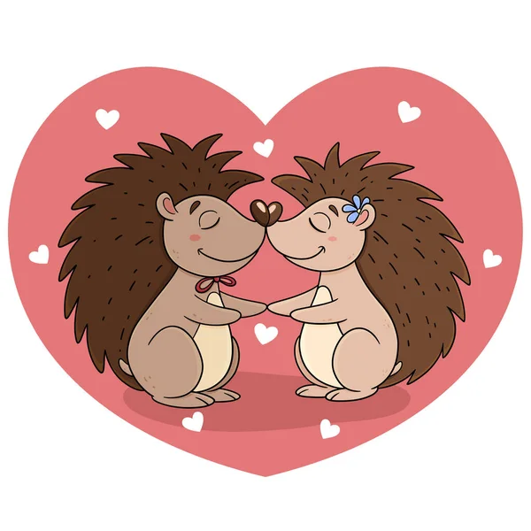 Пара Влюбленных Ежей Целуются Фоне Большого Сердца День Святого Валентина — стоковый вектор