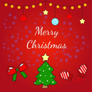 Kırmızı kartta bir sürü kar tanesi, çelenk, fiyonk, ağaç, eldiven resmi var.