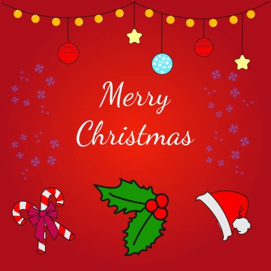 Kırmızı kartta bir sürü kar tanesi, çelenk, lolipop ve Noel Baba şapkası resmi var.