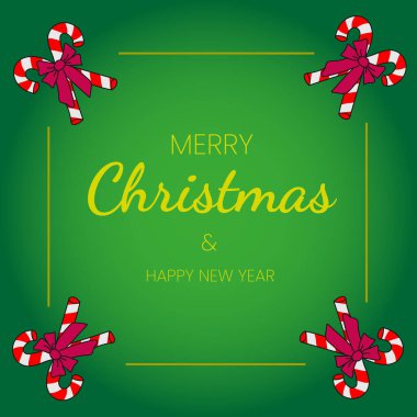 Yeşil renkli Noel kartı, üzerinde güzel harfler ve kırmızı kurdeleli lolipoplar var.