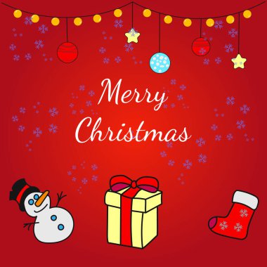 Kırmızılı Noel kartında bir sürü kar tanesi, çelenk, kardan adam, hediye çorap resmi var.