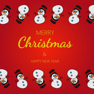 Kırmızılı Noel kartında bir sürü kardan adam resmi var.