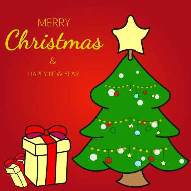 Kırmızılı Noel kartında çelenklerle süslenmiş bir Noel ağacı resmi ve kırmızı fiyonklu jöle paketleri var.