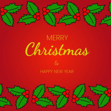 Kırmızılı, yapraklı ve meyveli Noel kartı.