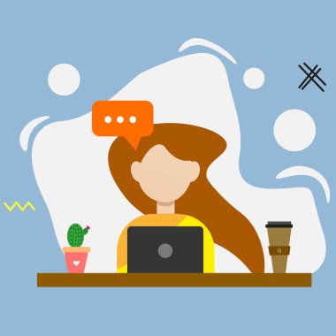 Bilgisayara mesaj yazan bir kız. Düz Çizim