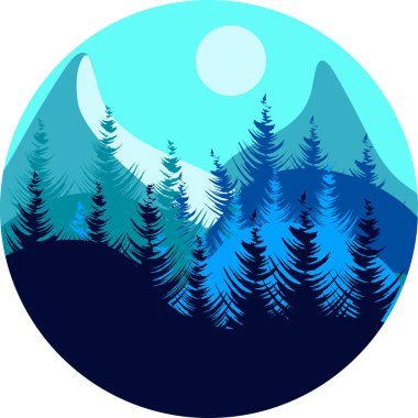 Kış manzarası dağları ve çember içinde köknar ağaçları.