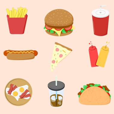Fast food 'lu bir dizi resim. Patates kızartması, hamburger, ketçap ve hardal, taco, sosisli sandviç, buzlu kahve, kola, pastırma ve yumurta, pizza.
