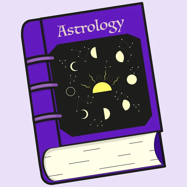 Livro de astrologia roxa retratando o ciclo da lua e constelações — Vetor de Stock