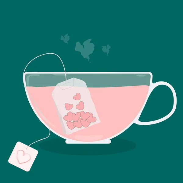 Postcard illustration for lovers for valentines day. A glass mug with a brewed tea bag with hearts inside. Dark green background. Cartoon flat style — Vettoriale Stock