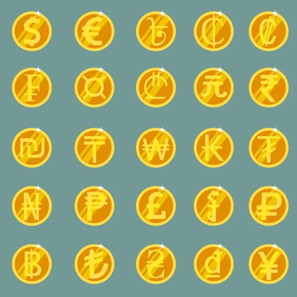 Verzamelset van gouden munten met tekens van munteenheden van de landen van de wereld — Stockvector