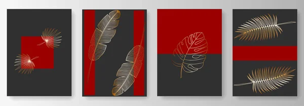 Coleção de fundos pretos e vermelhos com folhas tropicais douradas Gráficos De Vetores