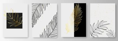 Altın tropikal yapraklı siyah beyaz arkaplan koleksiyonu